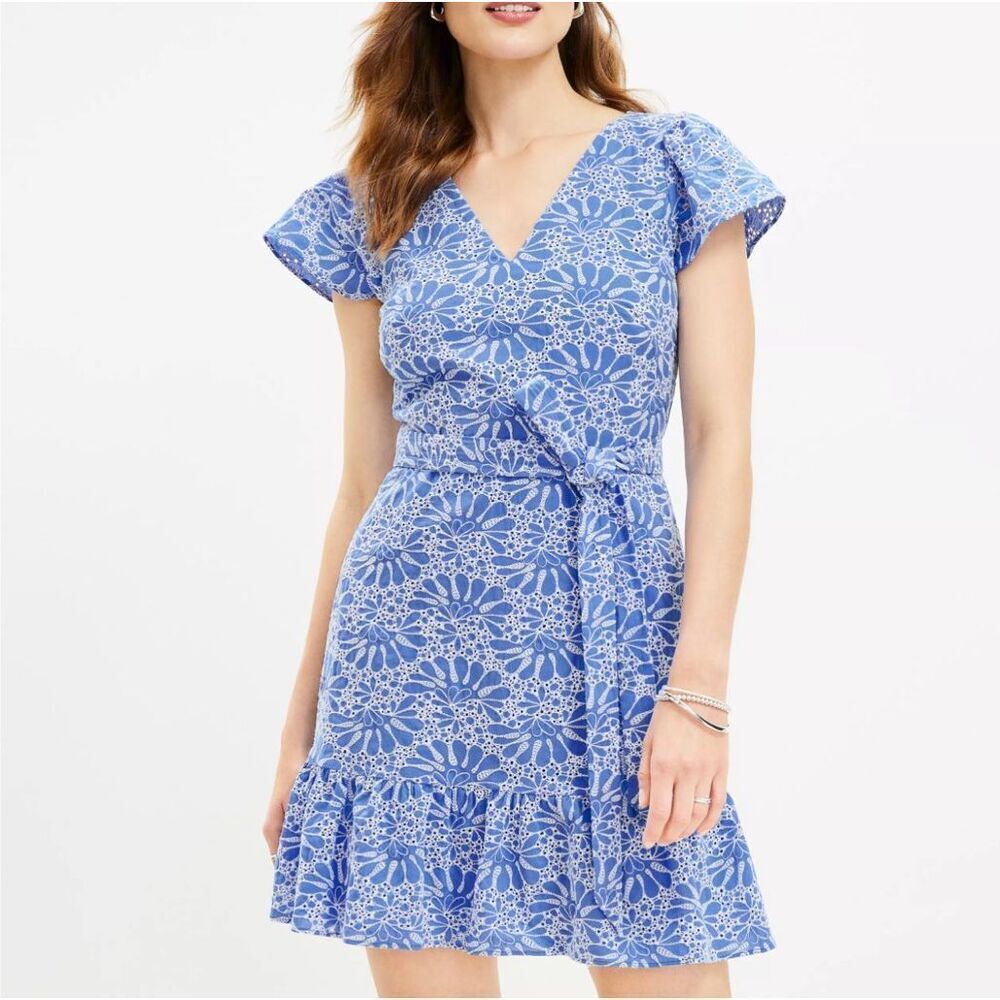 Loft NWT Eyelet Belted Flutter Sleeve Swing Dress Sz 14